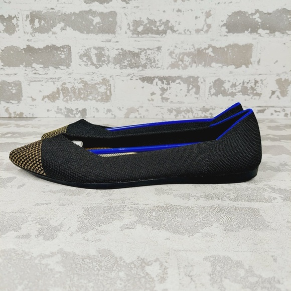 NEW Rothy's The Flat Black Knit Gold Pointy Toe Slip On Loafers F63